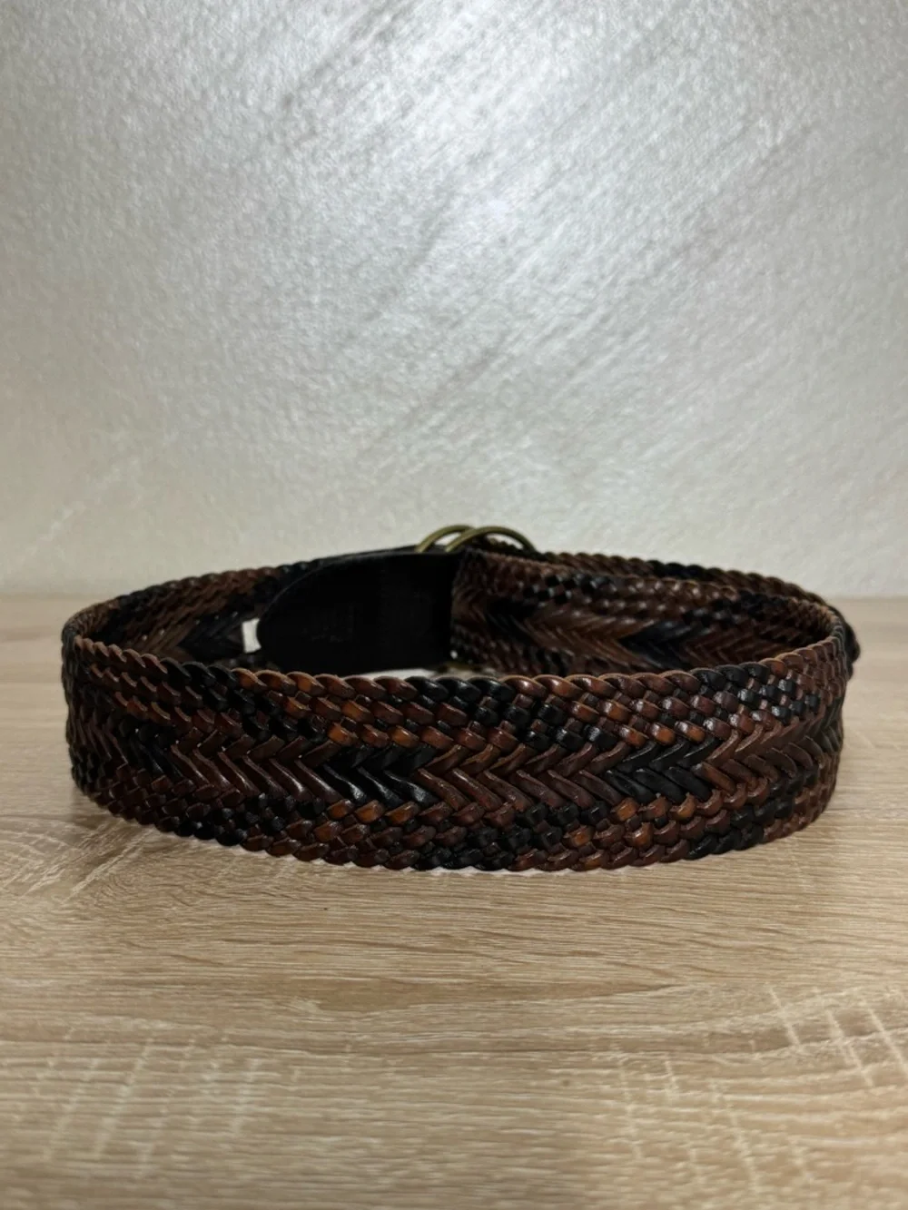 Vintage Talbots Wide Woven Variegated Leather Belt Double Round Brass Closure XS